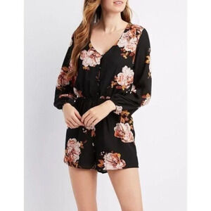 Charlotte Russe Black Floral Long Sleeve Romper XS